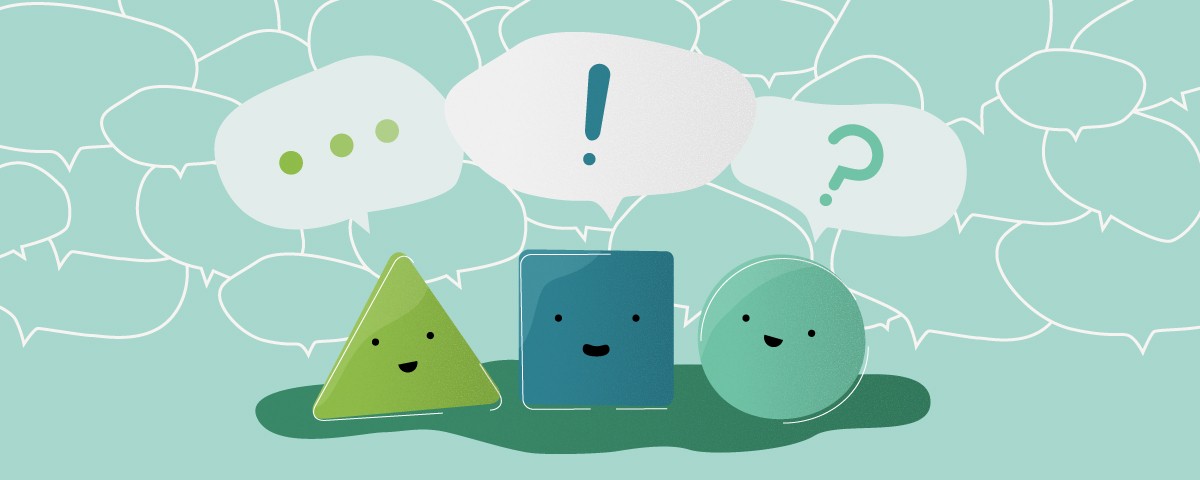Cartoon triangle, square, and circle with thought bubbles over their heads. 
