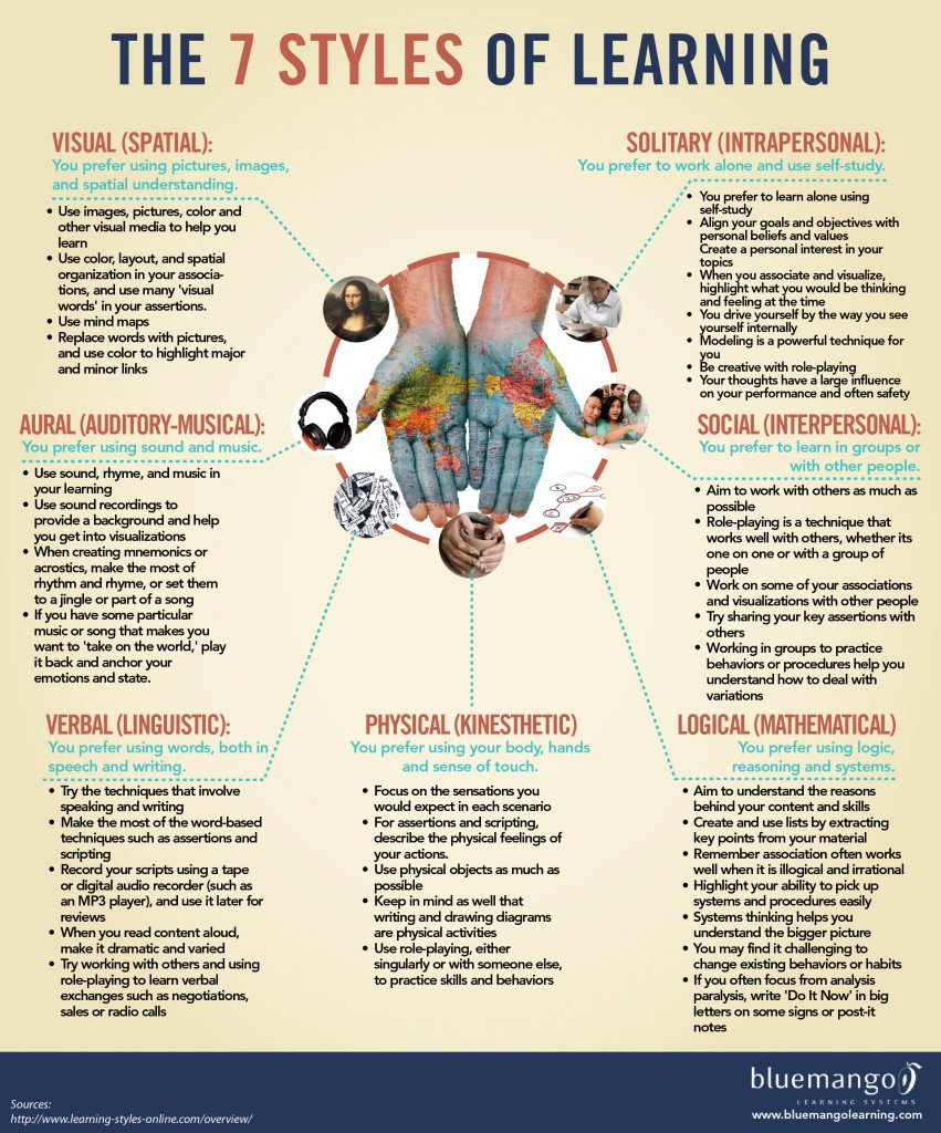 learning styles infographic: Visual, Solitary, Aural, Social, Verbal, Physical, Logical
